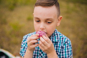 Fototapeta premium Blurred background. The boy breaks pink marshmallows in nature. Picnic in the field. Eco sweets