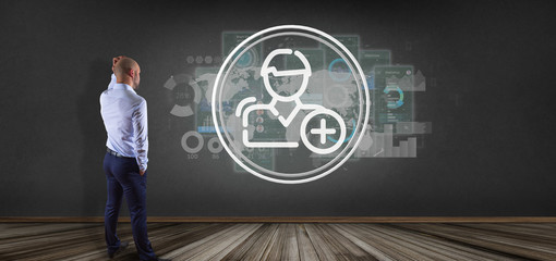 Businessman holding new contact icon