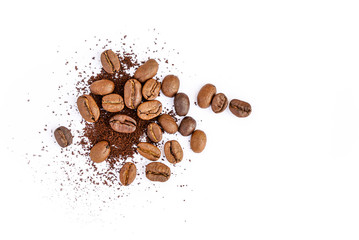 Roasted coffee beans with ground coffee on white background 