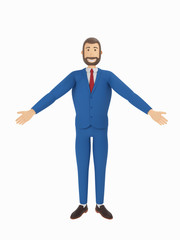 Cartoon character a wellcoming official. Glad to see you guys. Adult man welcomes the team. 3d rendering