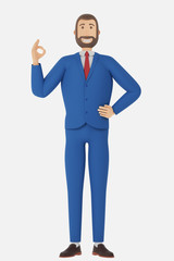 Cartoon character, businessman in suit shows okay or OK gesture. Concept with okay or OK gesture. 3d rendering