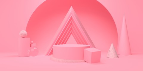Abstract pink studio with podium and geometric shape pastel color for cosmetic or product 3d render