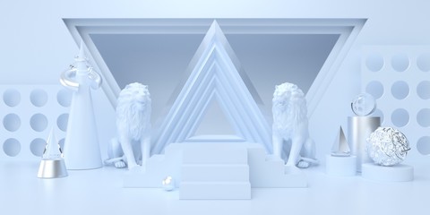 Abstract minimal blue studio with podium and geometric shape pastel color for cosmetic or product 3d render