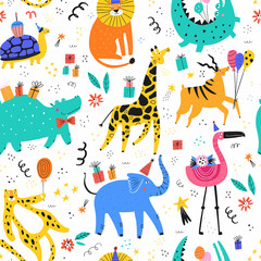 Animals at party flat vector seamless pattern