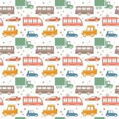 Seamless pattern of hand drawn cute cartoon cars for kids design, wrapping, package