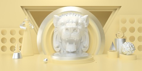 Abstract yellow studio with podium and geometric shape pastel color for cosmetic or product 3d render