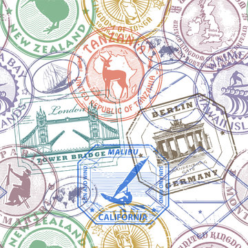 Passport stamps background - set seamless pattern