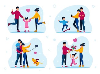 Fototapeta premium Family Active Lifestyle, Leisure Trendy Flat Vector Set. Parents with Children Riding Roller-Skates, Photographing Sons Skateboard Trick, Shooting Selfie, Spending Time Together Isolated Illustrations