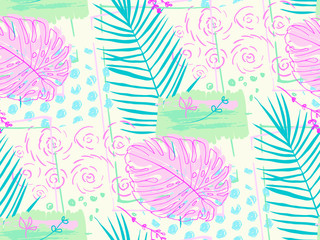 seamless pattern of doodles and sketches of tropical leaves in the vector. turquoise, pink and yellow shades were used