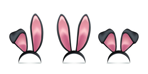 Rabbit ears realistic 3d vector illustrations set. Easter bunny ears kid headband, mask collection. Hare costume pink cartoon element. Photo editor, booth, video chat app color isolated cliparts.