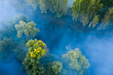 Naklejka na ściany i meble Aerial view of magic landscape of foggy river. Early morning. River surrounded of trees