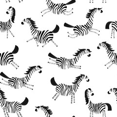Cartoon Zebra seamless pattern. Cute striped Zebra on a white background. Vector illustration. 