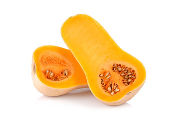 half butternut squash with seeds isolated on white background. - obrazy, fototapety, plakaty