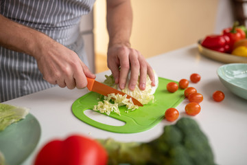 Man cutting vegetables for a salad with cabbage and tomatoes
