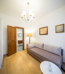 Modern interior of living room in private house. Cozy grey sofa. Wooden door.