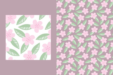 Seamless pattern with cherry blossoms and leaves. A 4-color flat illustration vector pattern with a transparent background.