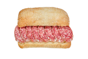 sandwich ciabatta bread with sliced sausages salami in white mold. white background isolated 