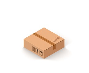 Closed parcel cardboard box isolated on white isometric vector illustration