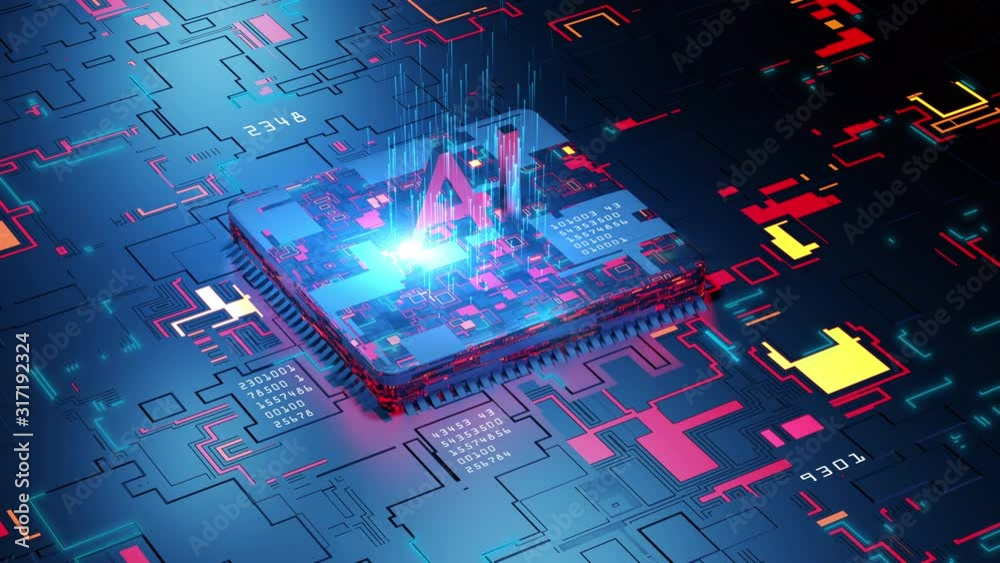 Poster digital 3d render of computer chip over circuit background with ai sign. ai(artificial intelligence)