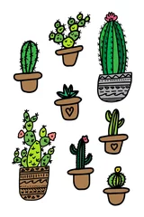 Foto op Plexiglas Cactus in pot Hand getekende cactus familie set geïsoleerd op een witte achtergrond