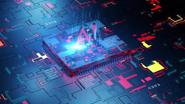 Digital 3d render of computer chip over circuit background with AI sign. AI(Artificial Intelligence) concept, Technology background rotation