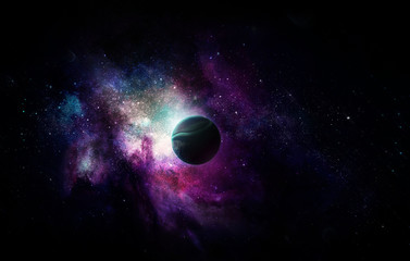 abstract space illustration, a small planet in the shining of stars in pink and purple tones