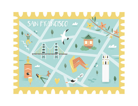 Postal stamp with San Francisco map and symbols