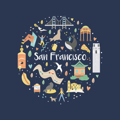 San Francisco hand drawn flat vector with symbols