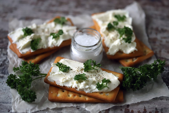 Selective focus. Philadelphia cheese crackers. Healthy snack. Keto diet. Keto snack.