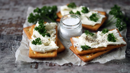 Selective focus. Philadelphia cheese crackers. Healthy snack. Keto diet. Keto snack.