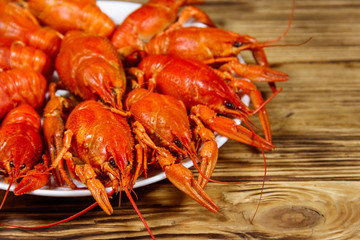 Boiled crayfish in plate on wooden table