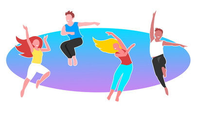 An active group of young men and girls are jumping and dancing cheerfully. Color vector illustration.