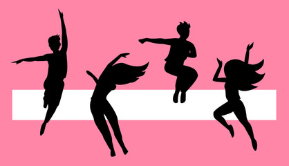 An active group of young men and girls are jumping and dancing cheerfully. Vector illustration of dark silhouettes of people.