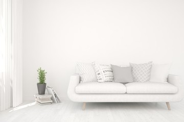 Stylish room in white color with sofa. Scandinavian interior design. 3D illustration