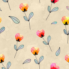 Children's drawing style, cute seamless pattern. Multi-colored  tulip, poppy flower. Design for fabric, wallpaper, baby room, packaging, paper, print. Color design.