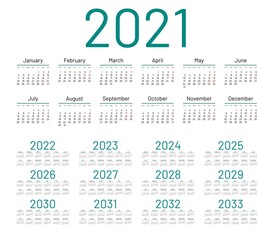 Simple calendar 2021 on white background. Vector illustration