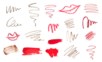 Big set of makeup tools texture. Lipstick, eye brows pencil and shadows.  - Image