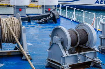 Fototapeta premium Closeup view of the equipment of a Ferry boat bow.