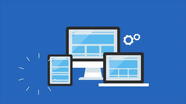 User interacting with responsive website, displaying on digital devices, - desktop, laptop, tablet concept. Video animation clip.