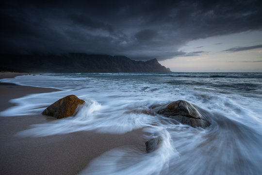 Wide angle landscape image of the stunning beach at Kogelbay in the Western Cape of South Africa