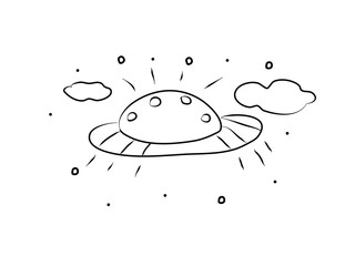 UFO, flying saucer, hand drawing coloring book. Modern doodle contour illustration black