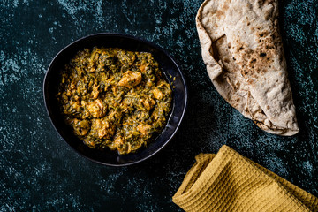 Indian Dish Spinach Lamb Palak with Chappati Flat Bread.
