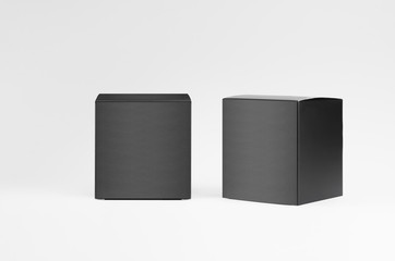 Square black paper boxes side, front view on white background, template of packing, branding...