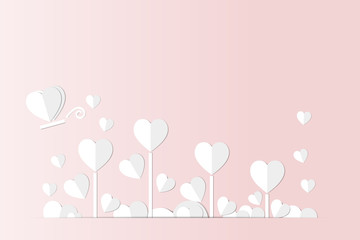 white heats flower and butterfly on pink background paper cut. Happy Valentine's Day card.