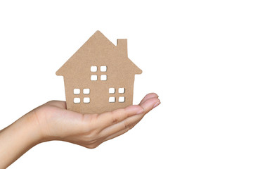 Savings money and real estate concept, Finance,Woman hand holding model house on white background