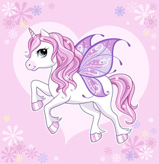 Cute little unicorn character with butterfly wings over pink background. Vector.