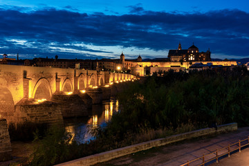 Mosque-Cathedral and the Roman Bridge in Cordoba, Andalusia, Spain at night