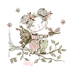 A cute little fairy with a dragonfly. Vector.