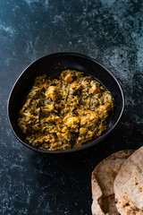 Indian Dish Spinach Lamb Palak with Chappati Flat Bread.