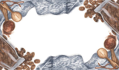 Scattered coffee beans from glass bottle, ground powder on wooden spoon with knitted scarf, Top view with copy space for your text. Flat lay. Watercolor illustration.